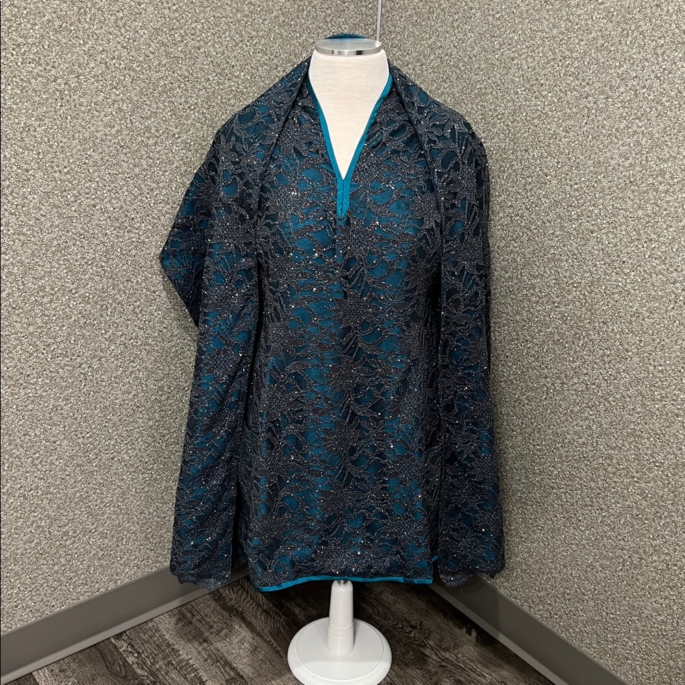 Handmade Short Sleeve Charcoal Lace Mini Cocktail Dress with Teal Lining Size S